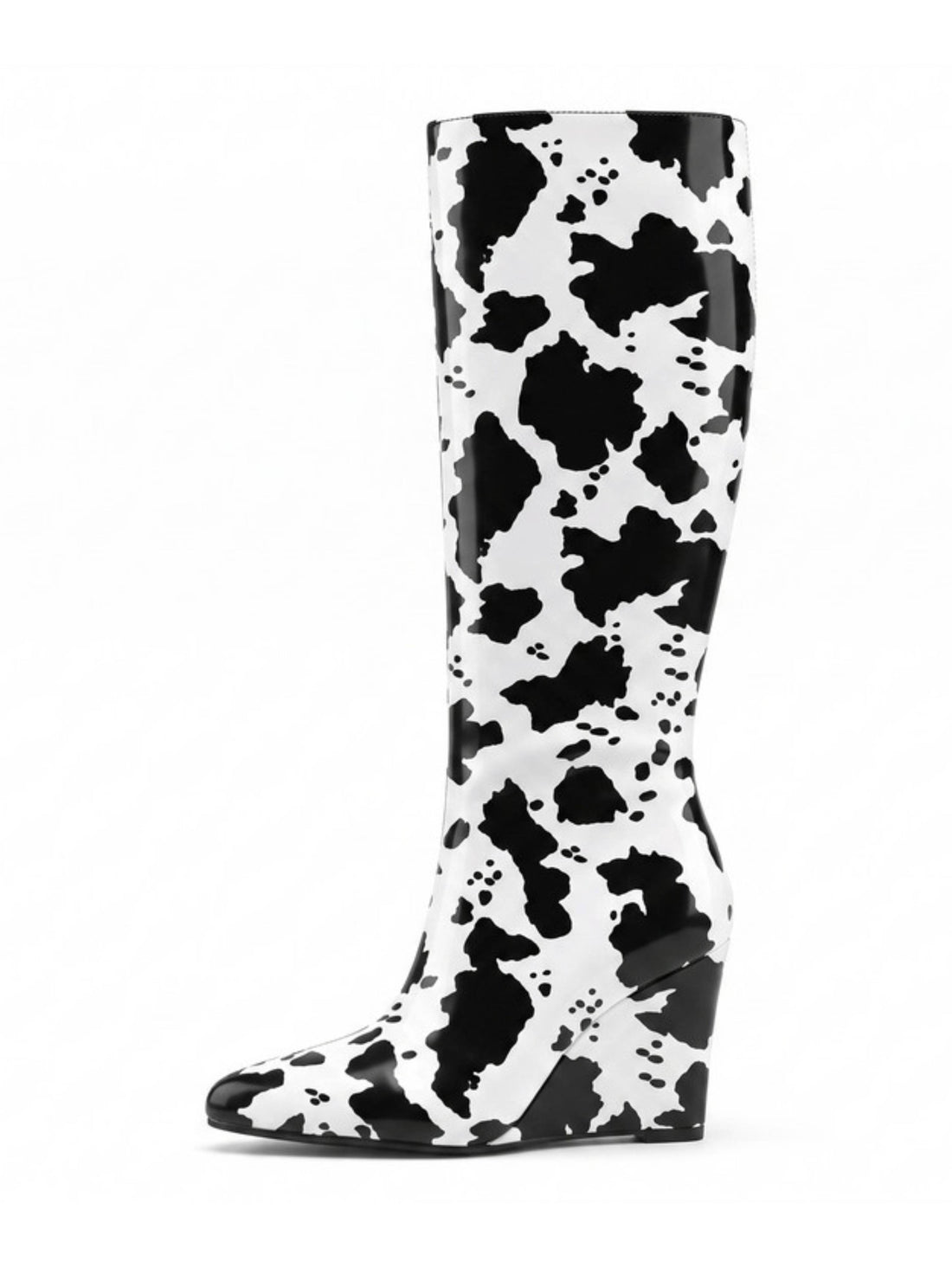 Glossy Black and White Cow Print Wedge Knee High Boots