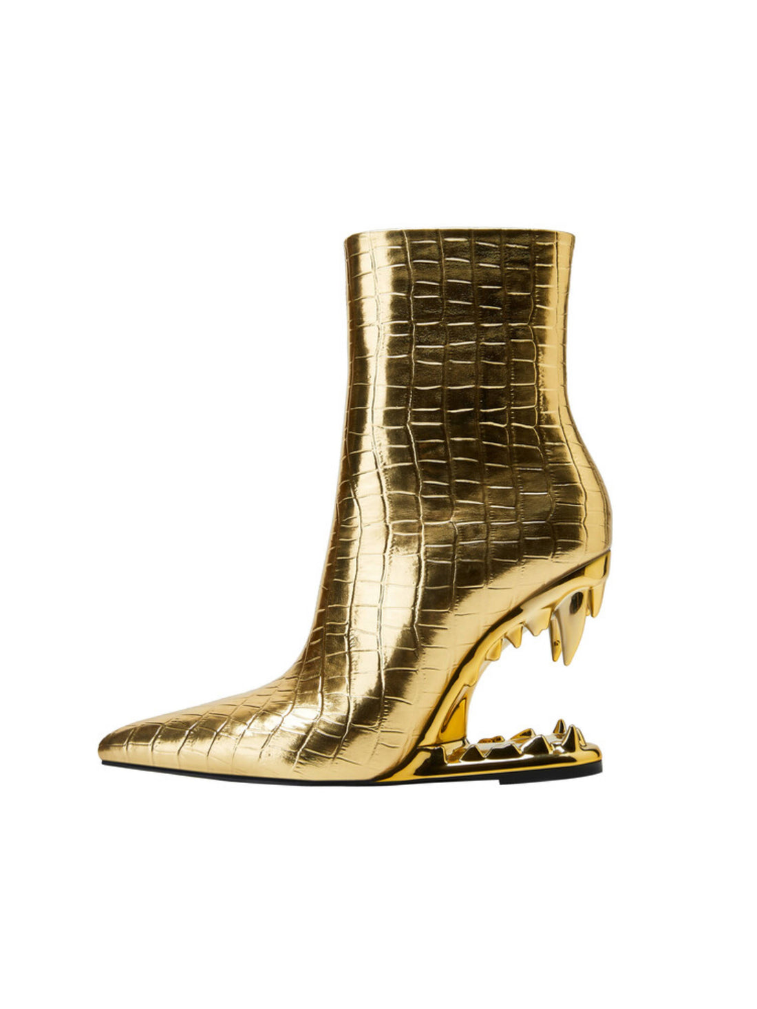 Gold Embossed Tiger Teeth Heel Pointed Toe Ankle Boots