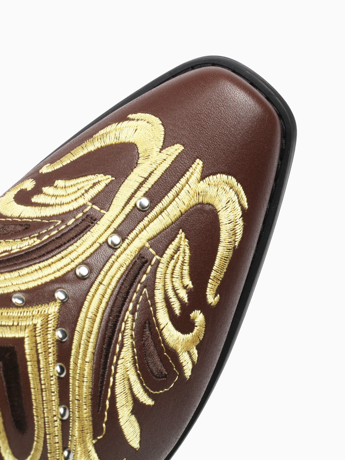 Golden Scroll Studded Chocolate Brown Cowgirl Ankle Boots for Women