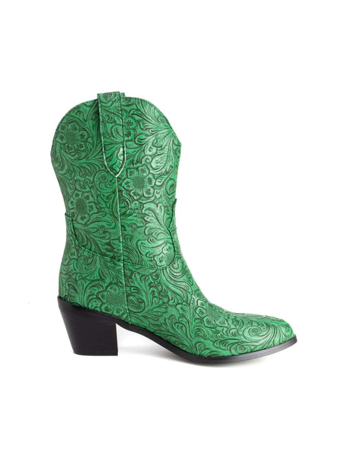 Green & Black Floral Embossed Mid Calf Cowgirl Boots