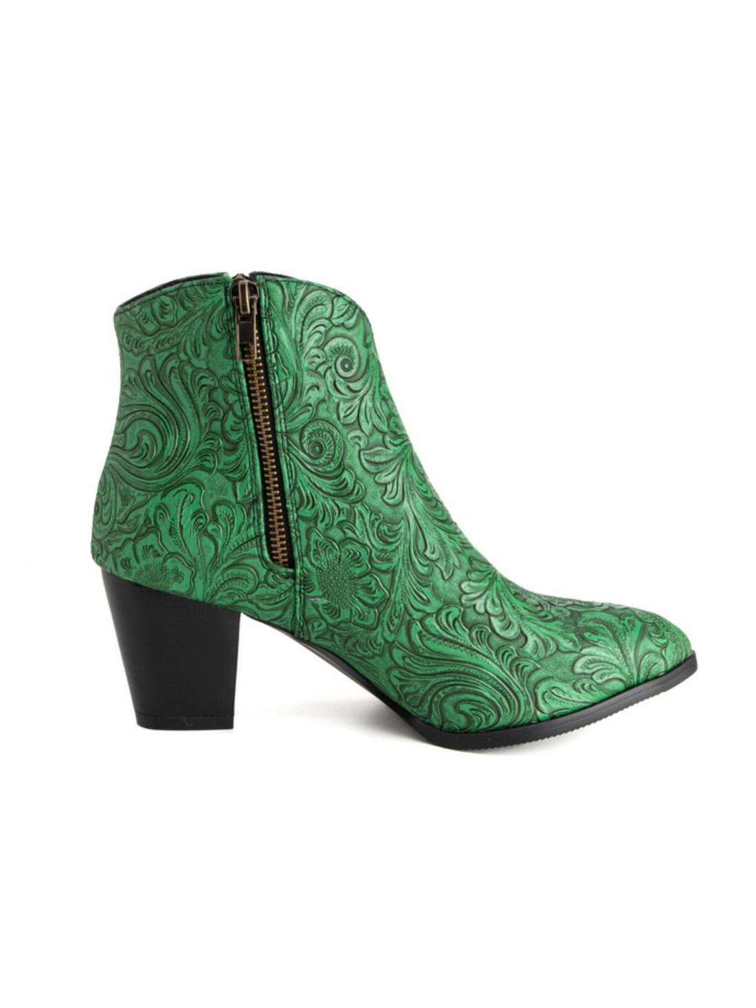 Green Double Zipper Ankle Floral Print Retro Cowgirl Boots Plus Size