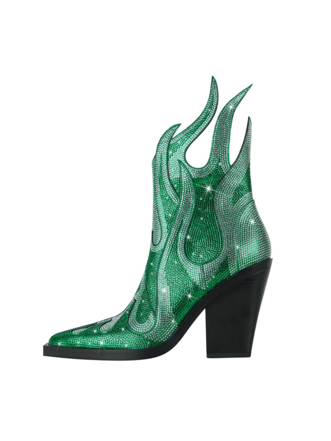 Green Rhinestone Flame Shape Western Heel Pointed Toe Cowgirl Boots