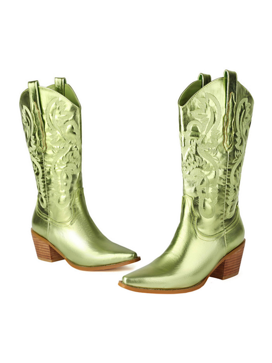 High-Fashion Metallic Lime Green Cowboy Boots with Block Heel