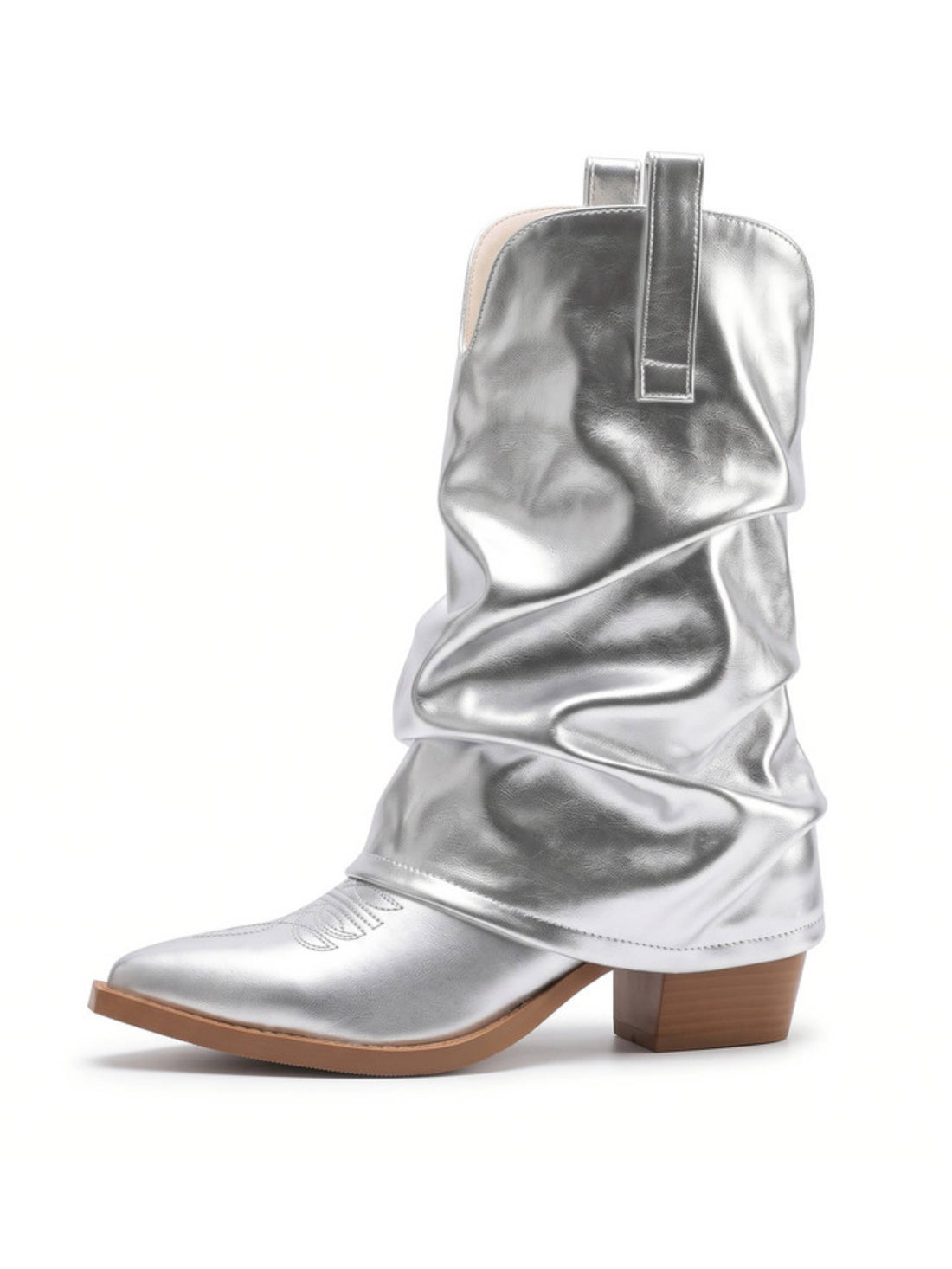 High-Shine Metallic Silver Fold Over Slouchy Cowgirl Boots