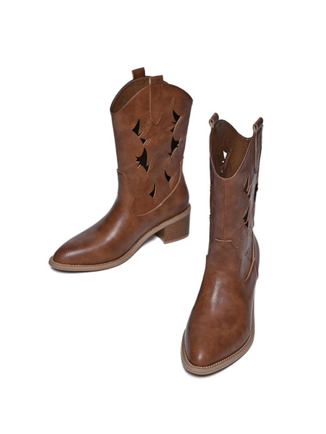 Hollow-Out Short Brown Leather Cowgirl Boots