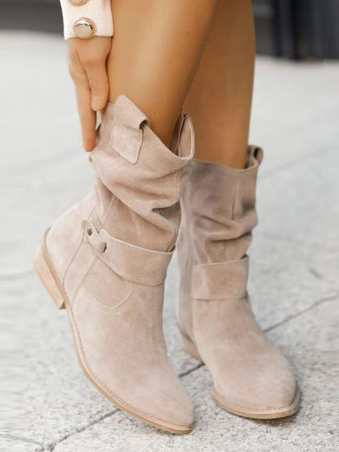 Khaki Wrinkled Mid Calf Flat Cowgirl Boots for Women