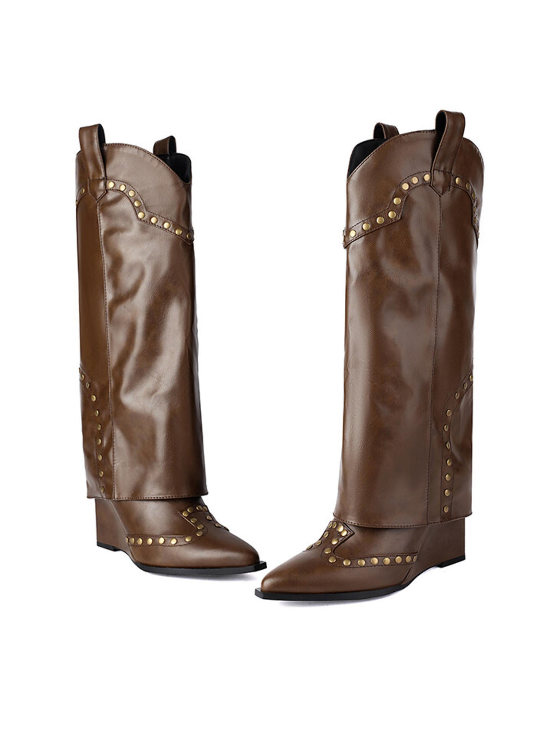Knee-High Fold-Over Studded Wedge Heel Dark Brown Cowgirl Boots