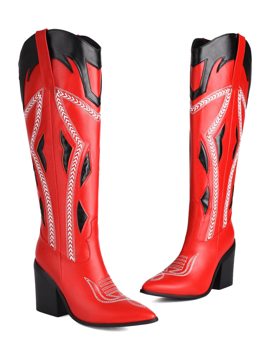 Tomato Red and Black Knee-High Heel Cowgirl Boots