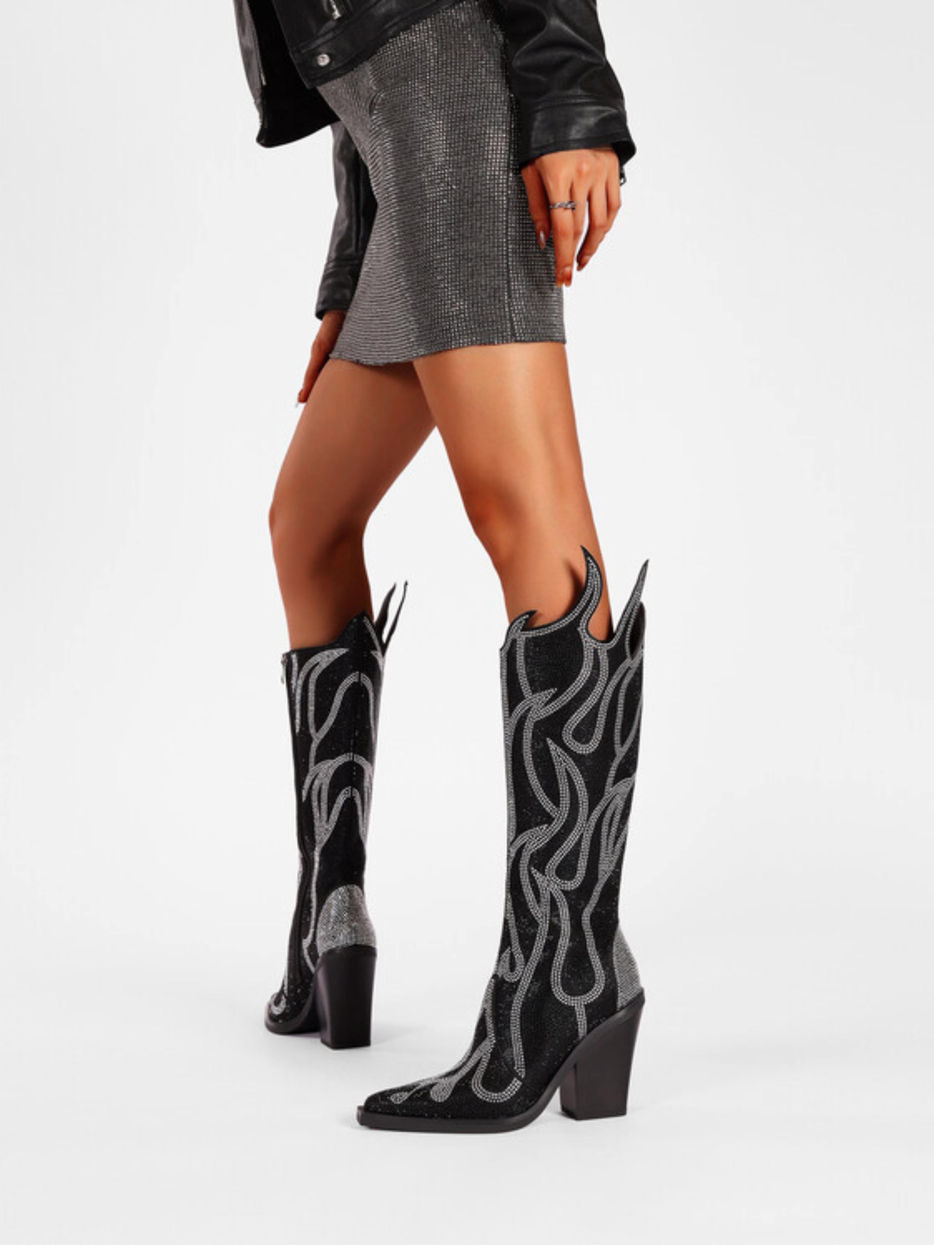 Flame Shape Knee High Rhinestone Black Cowgirl Boots – Wild Jolie