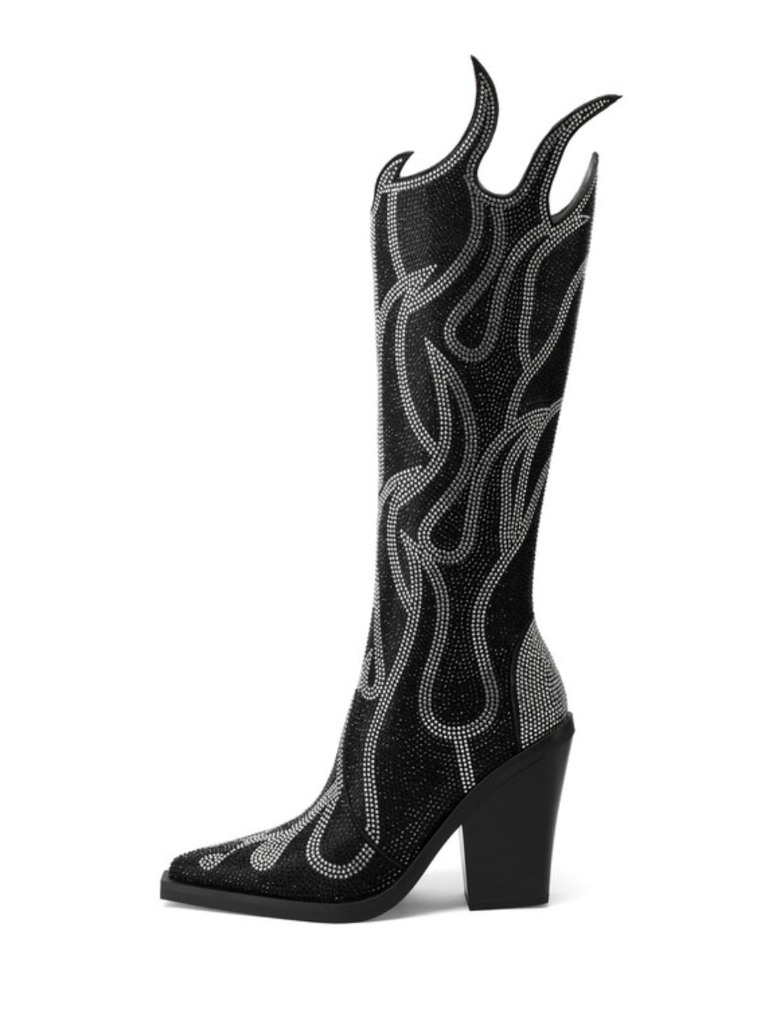 Knee High Rhinestone Black Cowgirl Boots with Flame Shape Edge