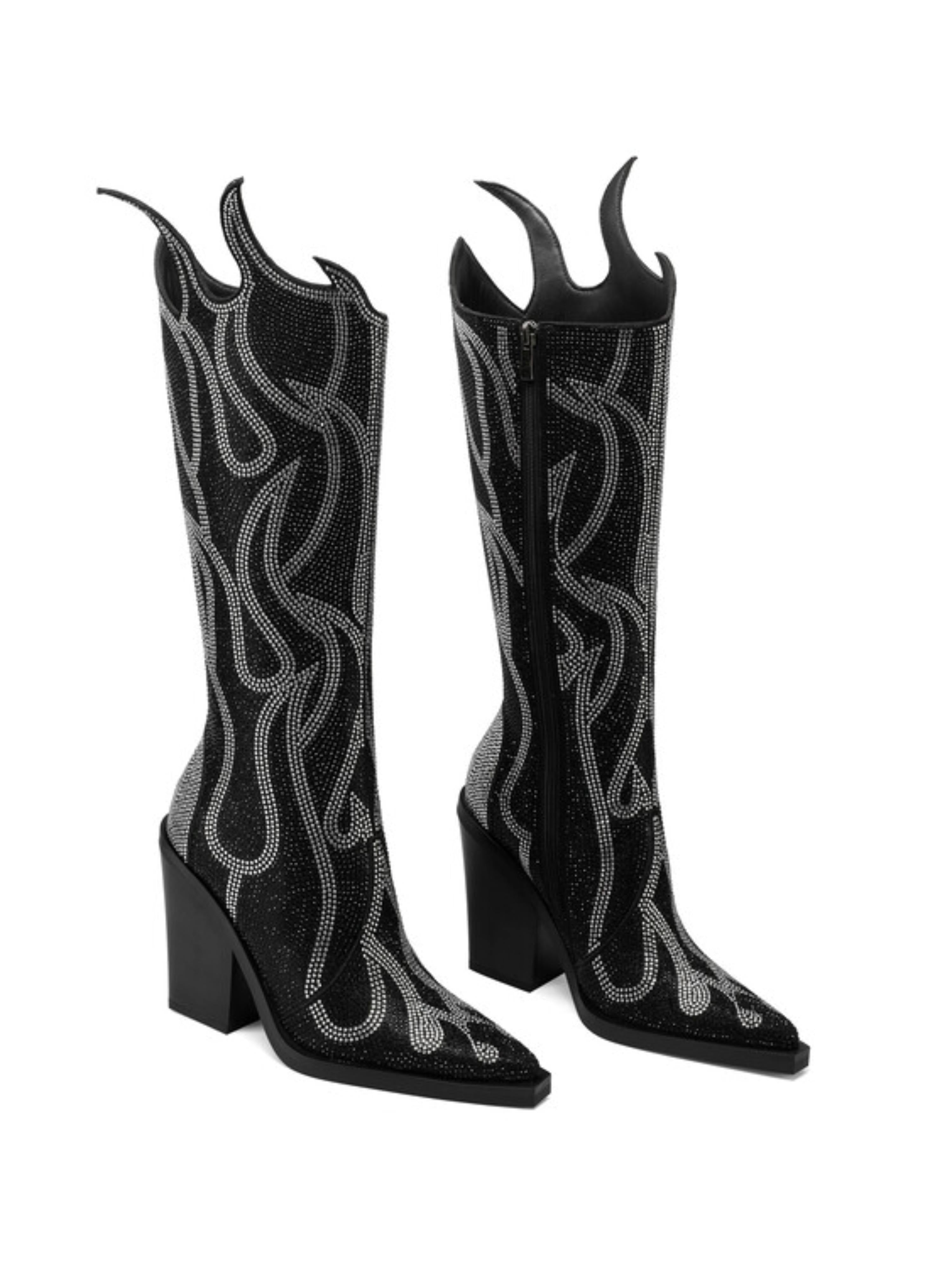 Flame Shape Knee High Rhinestone Black Cowgirl Boots – Wild Jolie