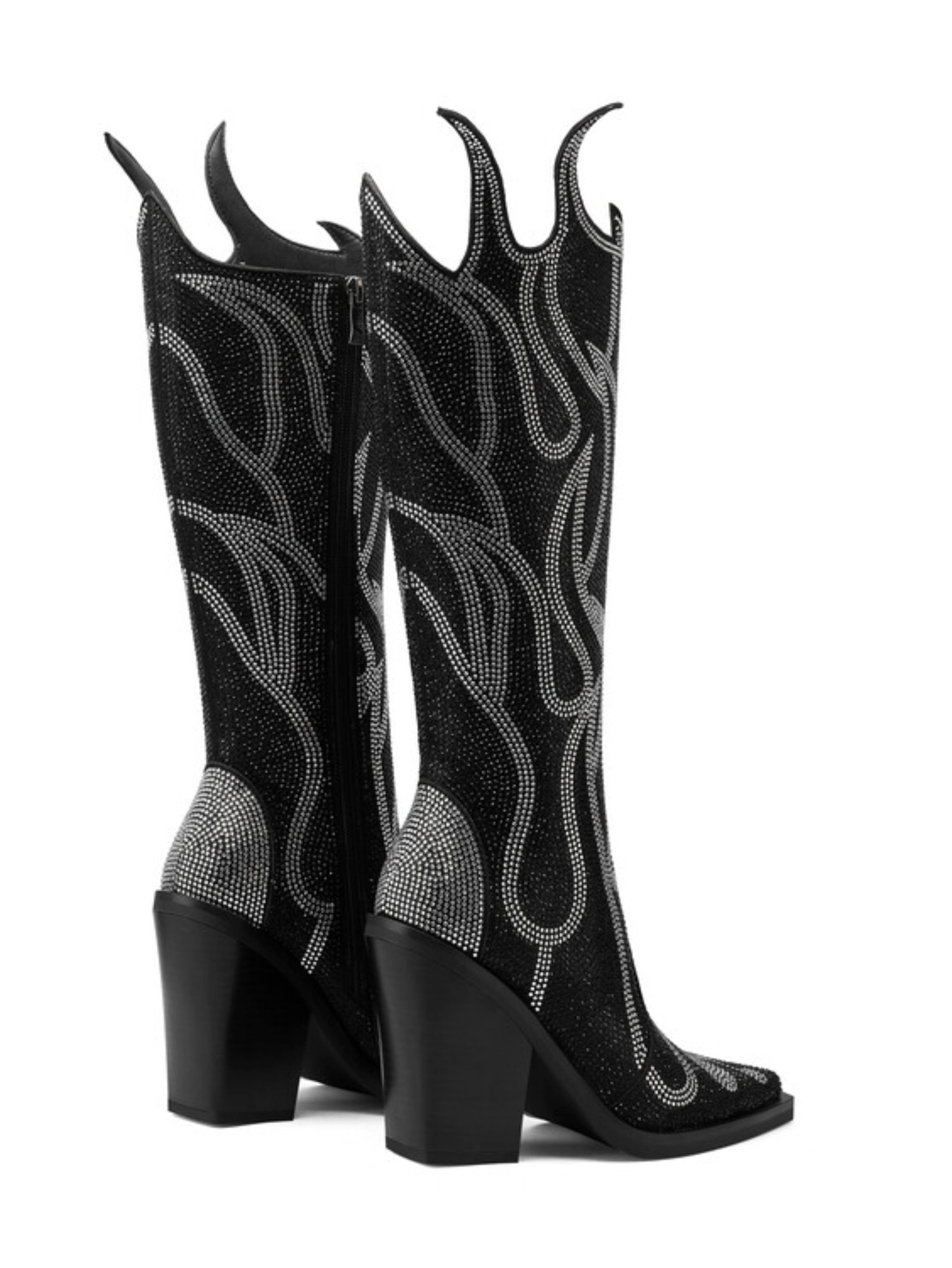 Flame Shape Knee High Rhinestone Black Cowgirl Boots – Wild Jolie