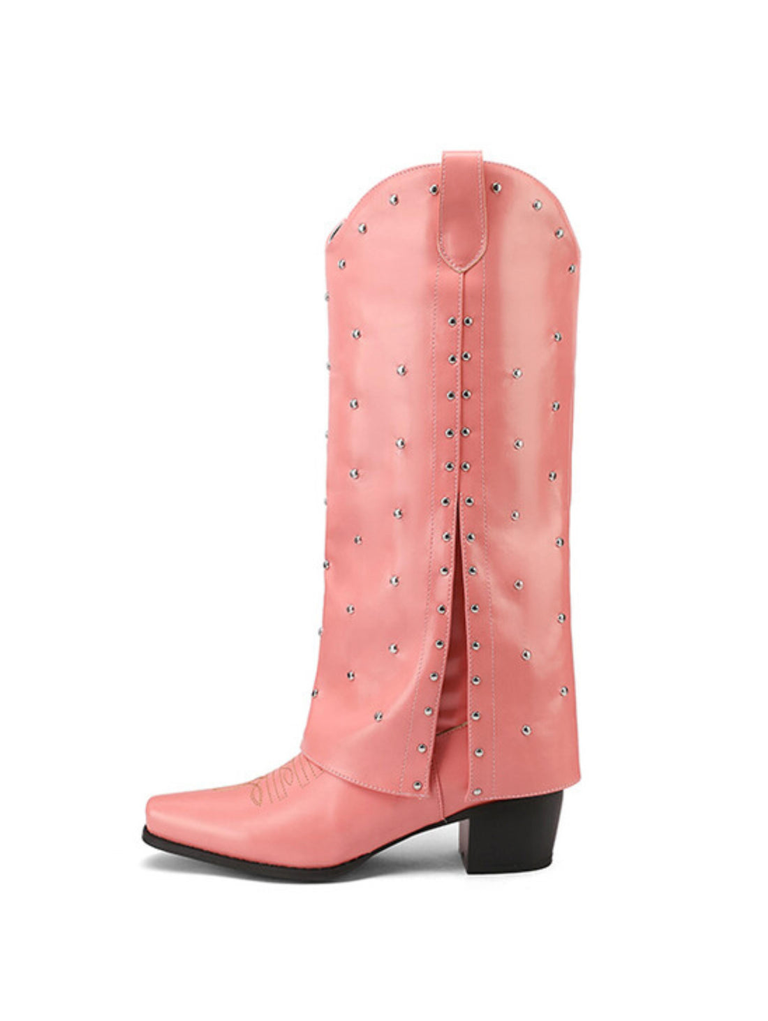 Knee High Studded Fold-Over Pink Cowgirl Boots Snip Toe
