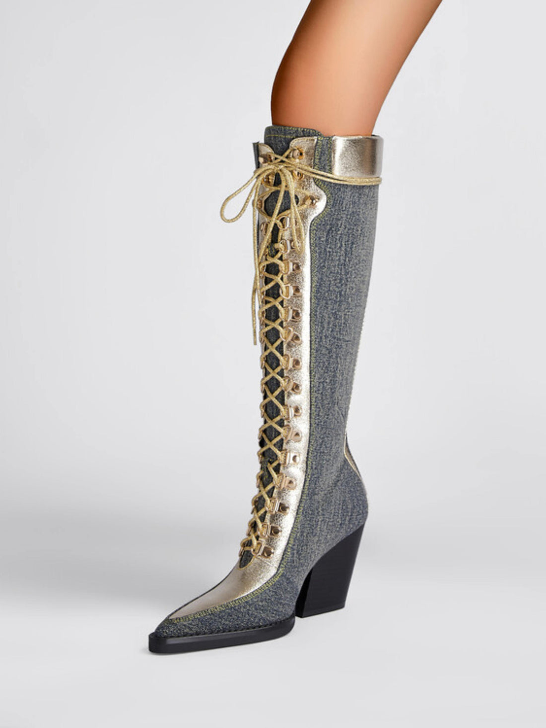 Gold & Blue Lace Up Knee High Denim Cowgirl Boots for Women