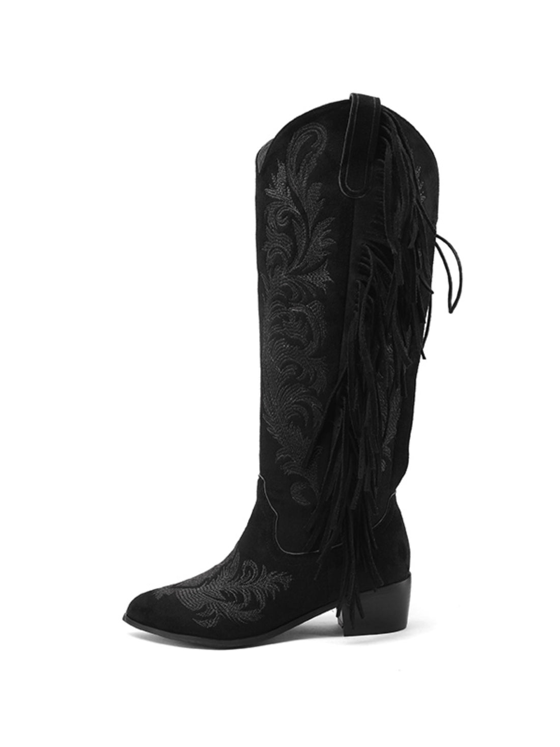 Lace Up Embroidered Knee High Black Western Boots with Fringe