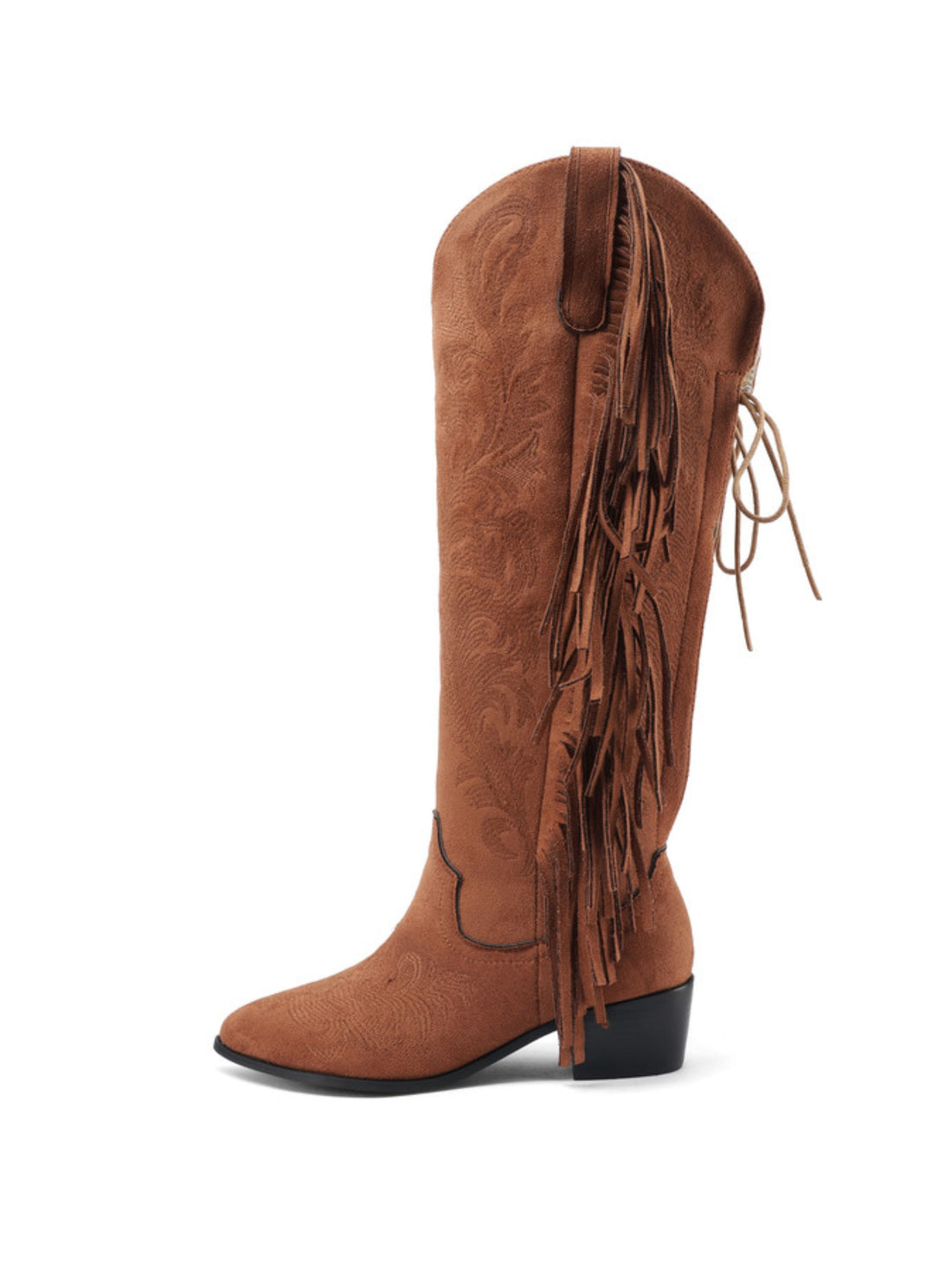 Lace Up & Fringe Knee High Embroidered Brown Western Boots
