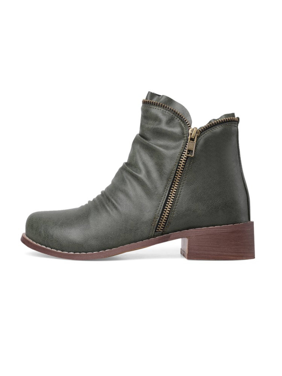 Ladies' Trendy Wrinkled Double Zipper Olive Green Flat Ankle Boots
