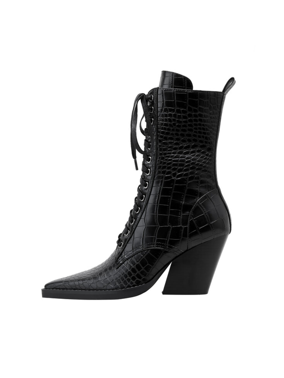 Lizard Embossed Pointed Black Western Lace-Up Boots