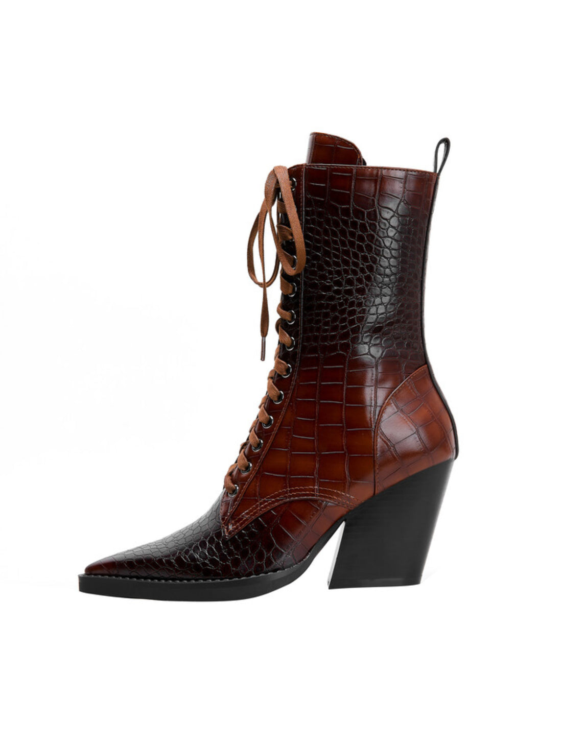 Lizard Embossed Pointed Toe Lace-Up Brown Western Boots for Women