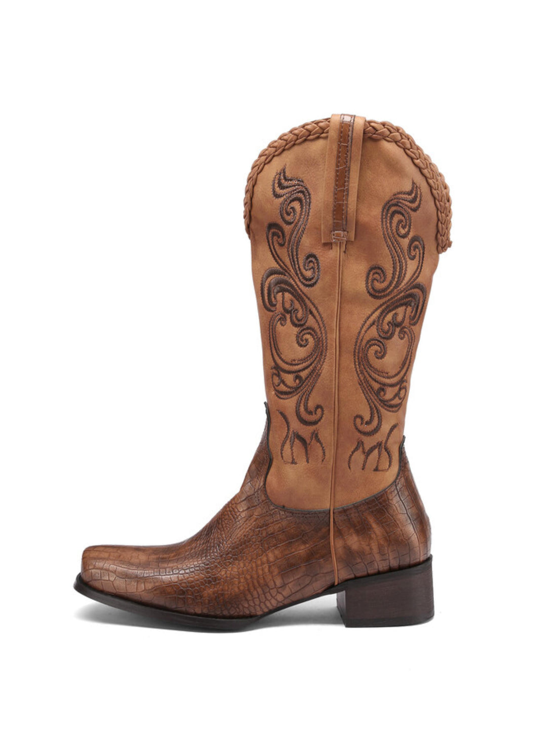 Lizard Pattern Embossed Sqaure Toe Embroidered Brown Cowgirl Boots
