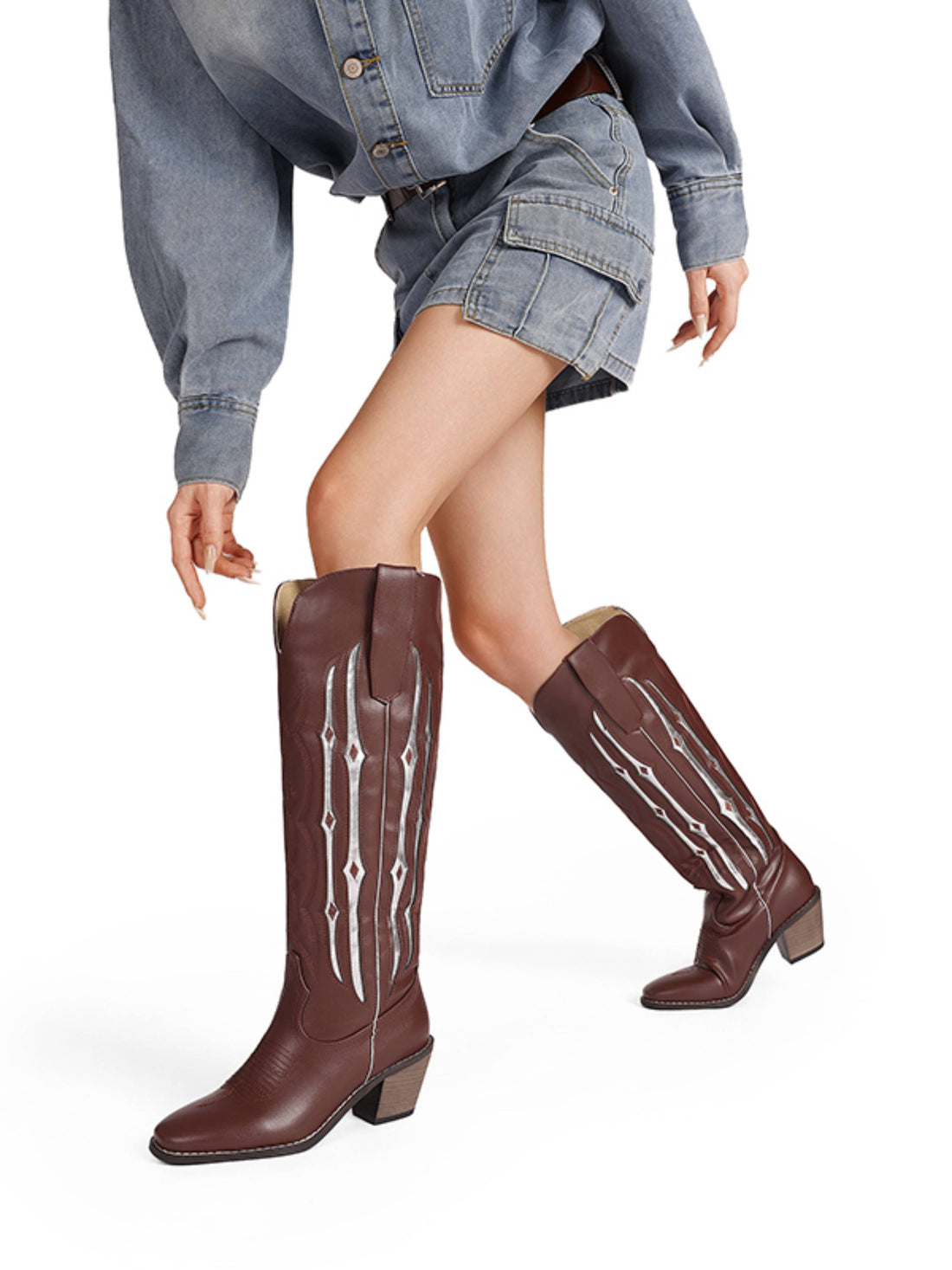 Long Fashion Shining Silver Decor Brown Square Toe Cowgirl Boots