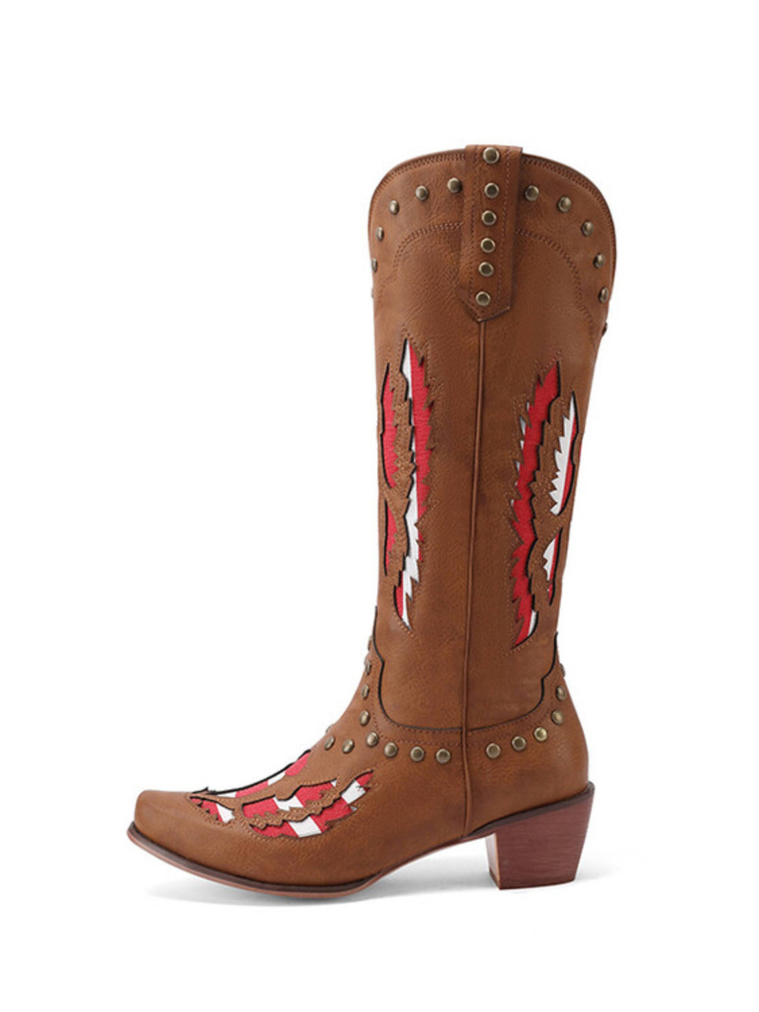 Long Studded Snip Toe Brown Western Boots with Swing Patchwork