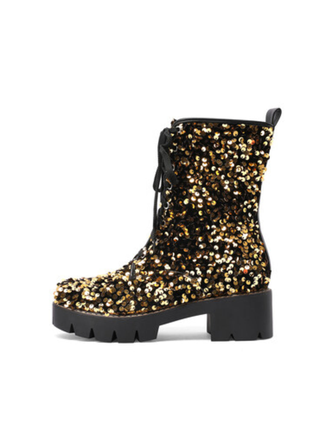 Lustrous Sequin Lace-Up Western Gold Ankle Boots