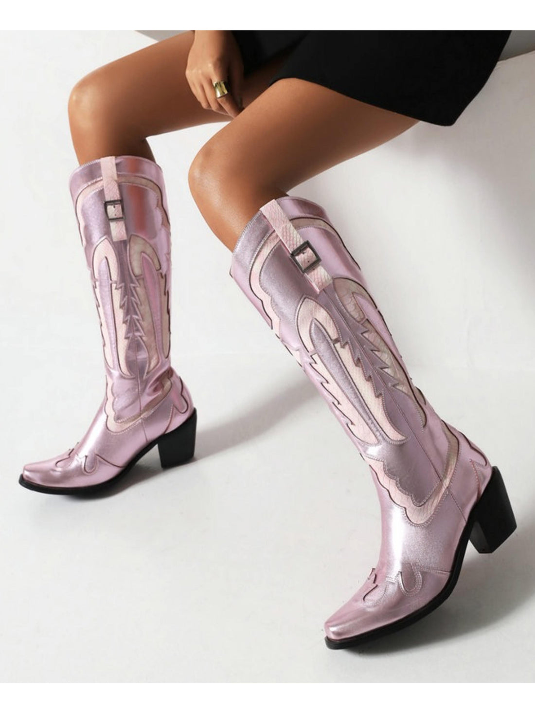 Metallic Pink Embroidered Buckle Knee-High Heeled Cowgirl Boots