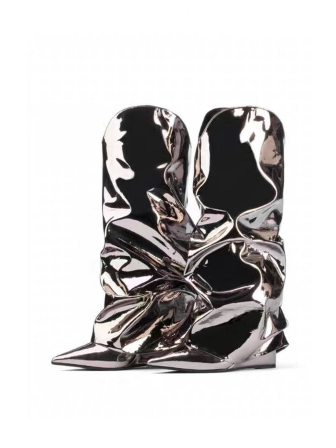 Metallic Silver Cowgirl Slouch Boots with Wedge High Heels