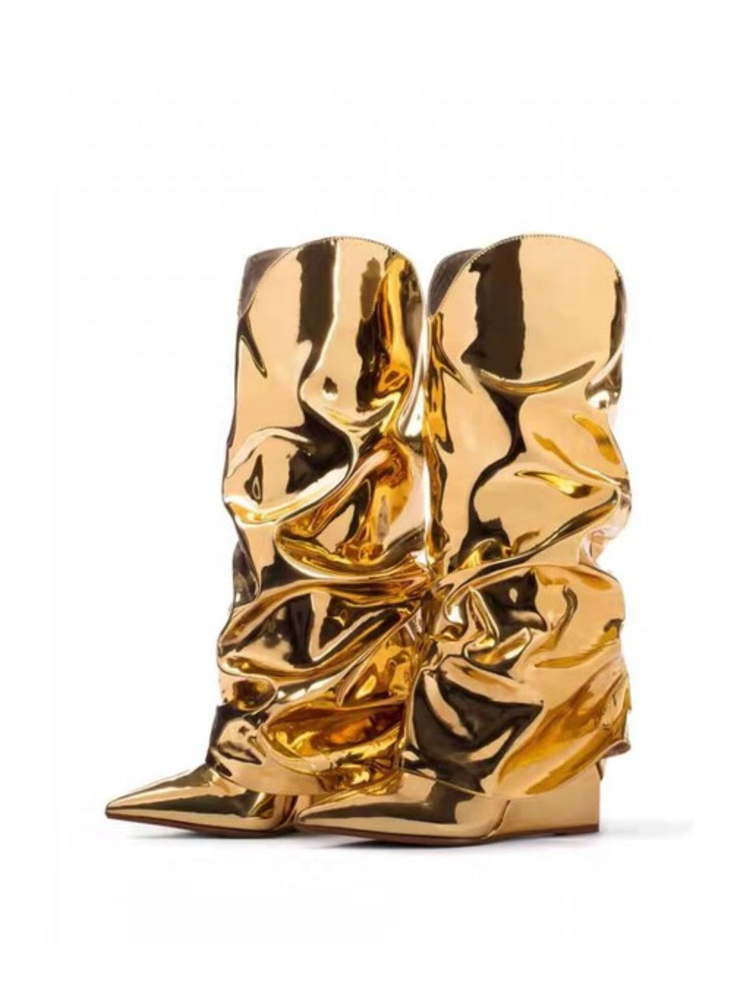 Metallic Slouch Wedge High Heels Gold Cowgirl Boots