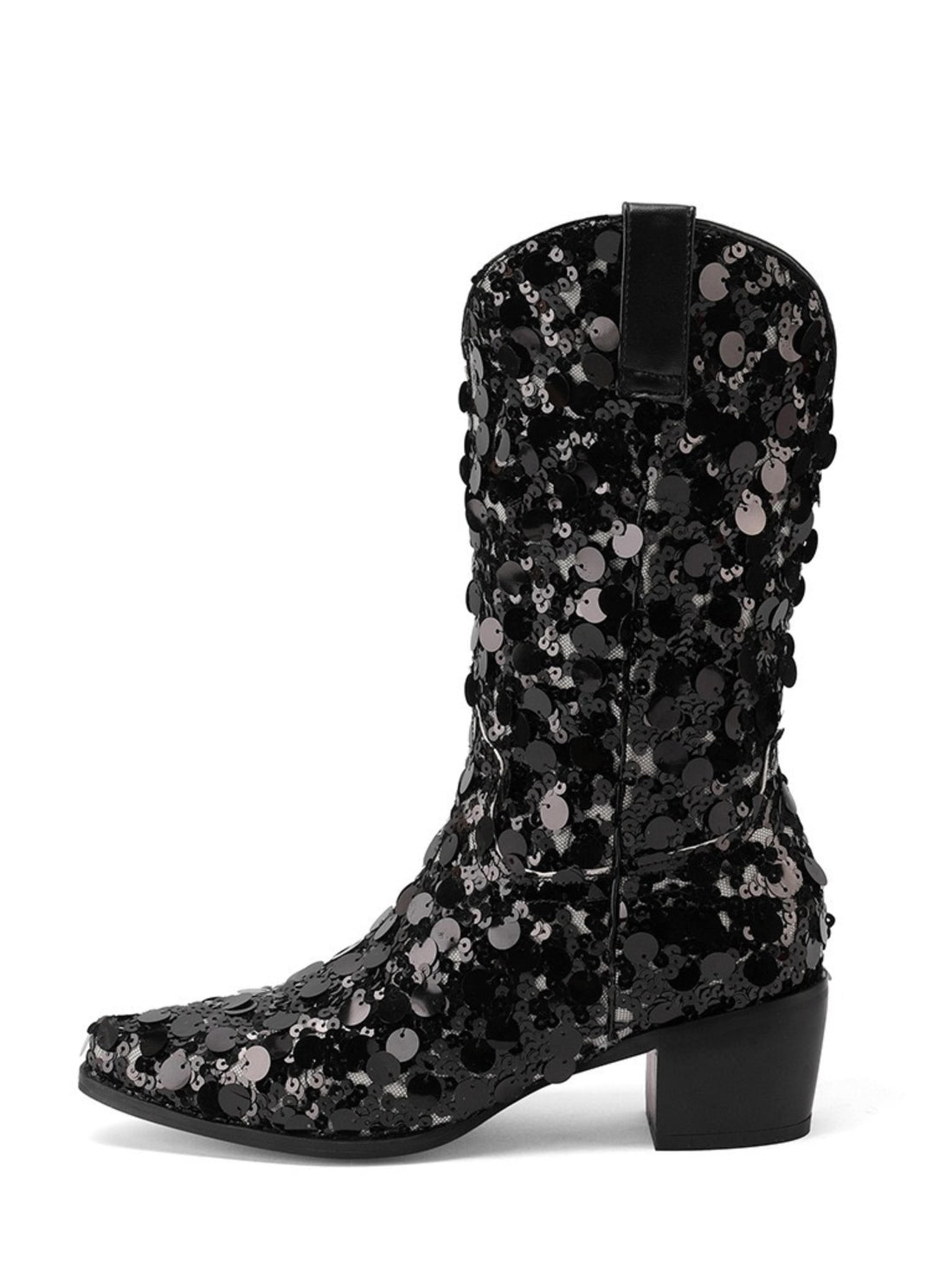 Mid Calf Black Sequin Cowboy Boots for Women