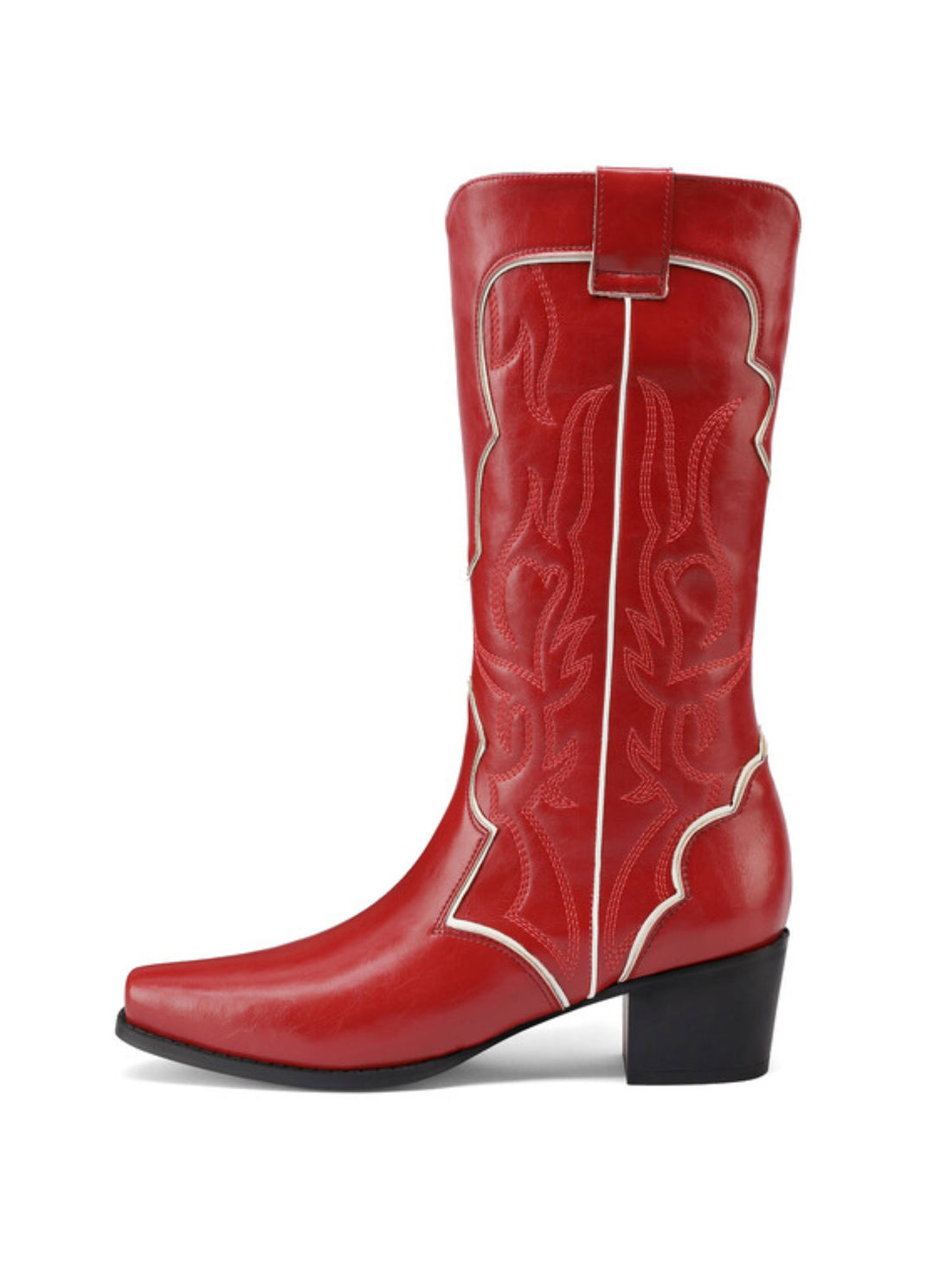 Mid Calf Flame Embroidery Red Western Boots for Women