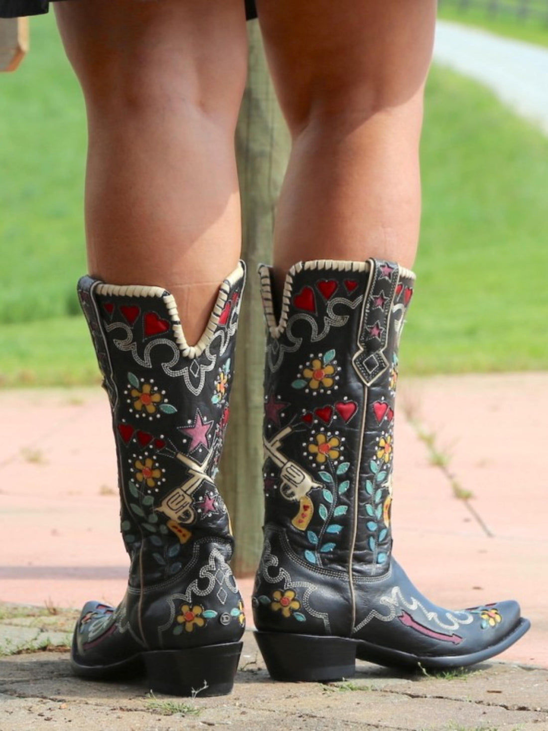 Mid Calf Heart & Floral Inlay Cut Out Black Cowgirl Boots