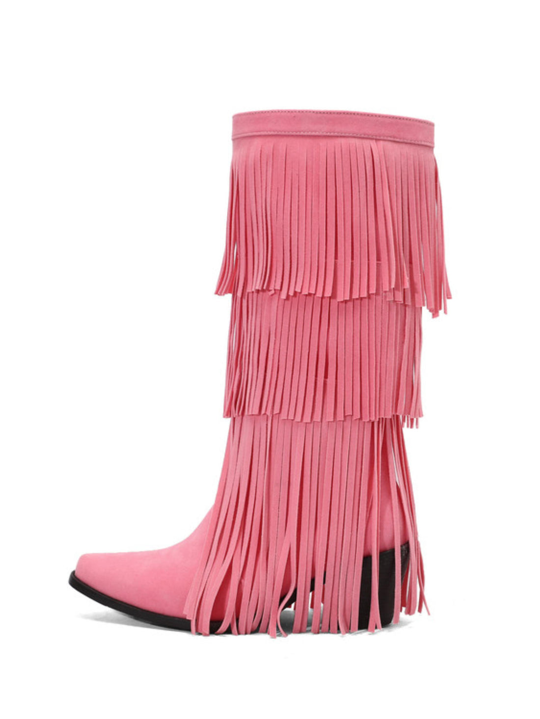 Mid Calf Square Toe Pink Fringe Cowgirl Boots Furry Inner