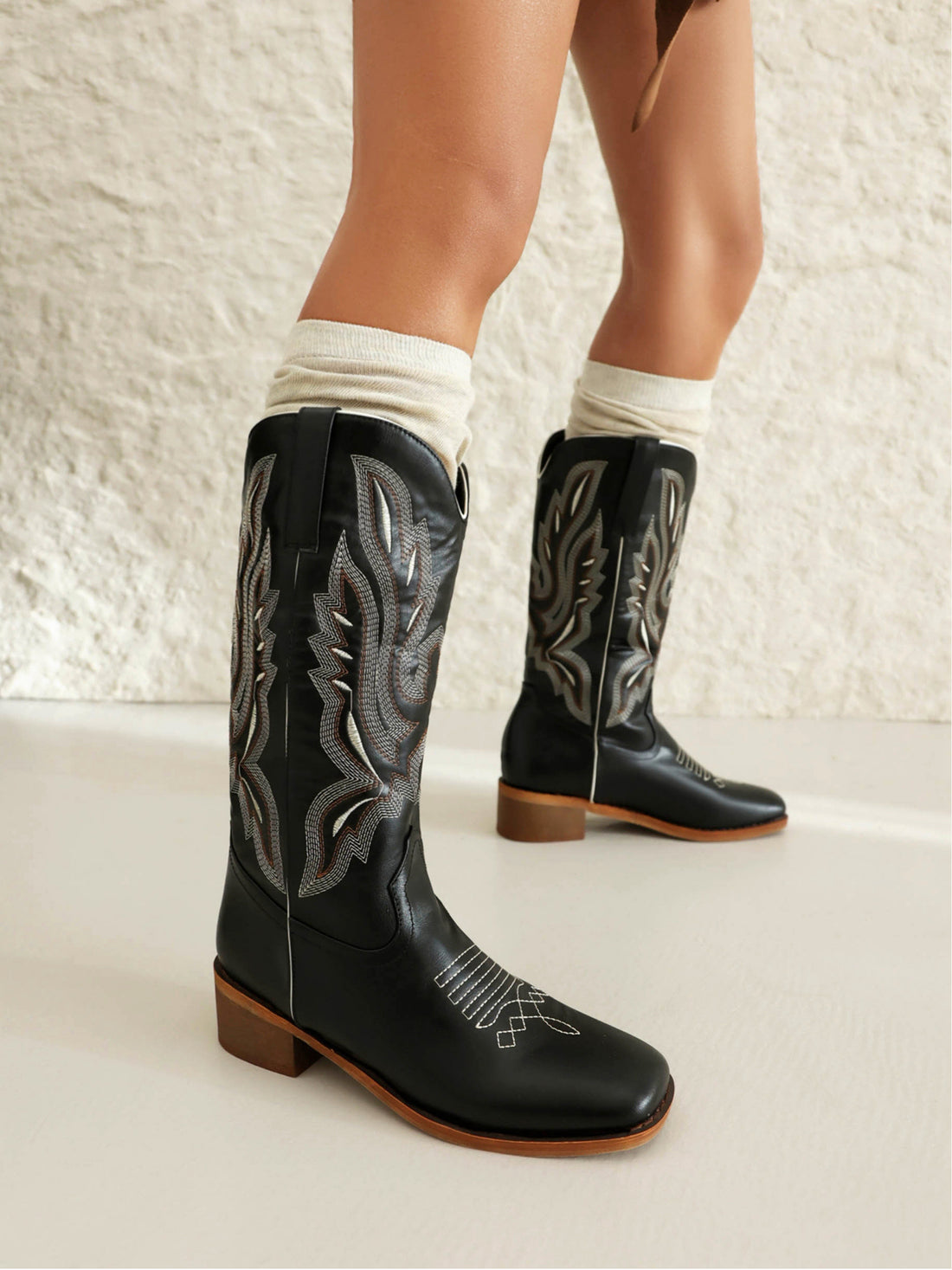 Modern Geometric Stitch Square Toe Cowgirl Boots