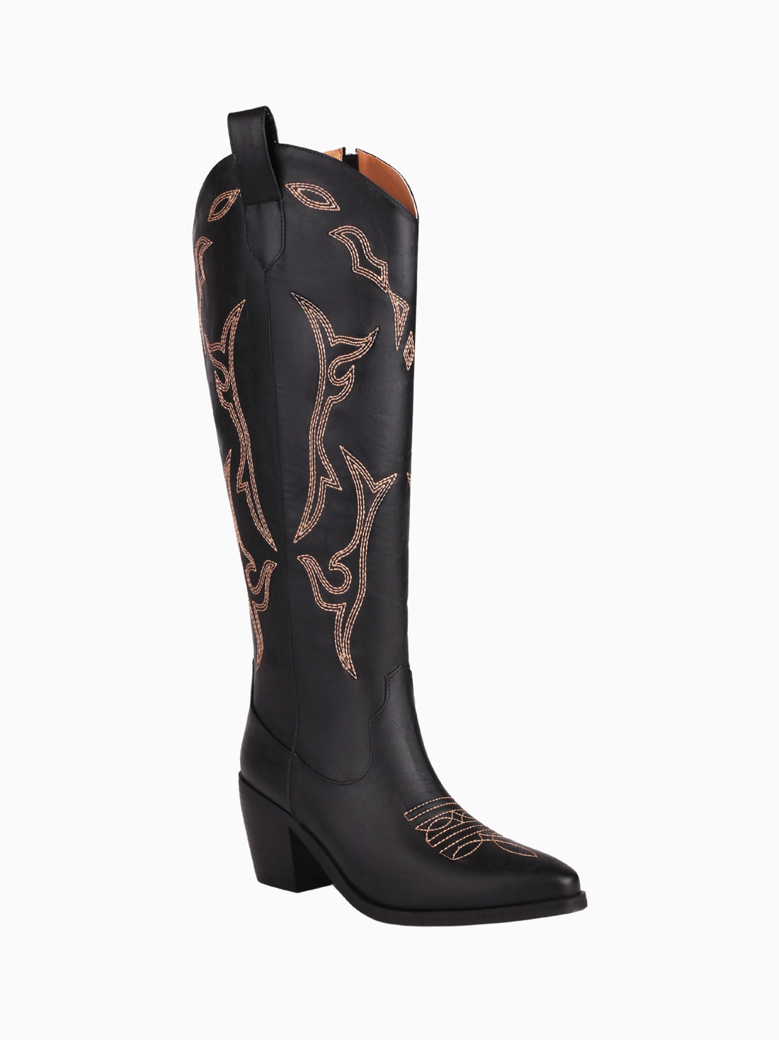 Copper-Toned Embroidered Zipper Knee High Black Cowgirl Boots