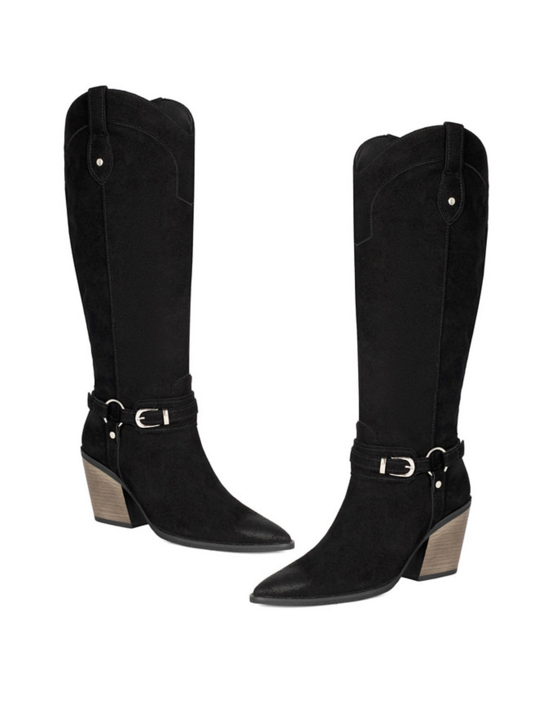 Night-Out Black Harness Buckle Tall Cowboy Boots High Heel