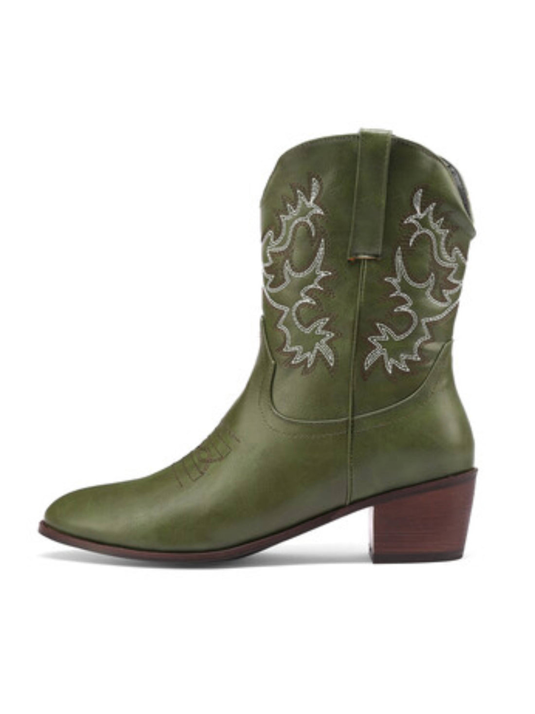 OIive Green Western Ankle Booties with Block Heel