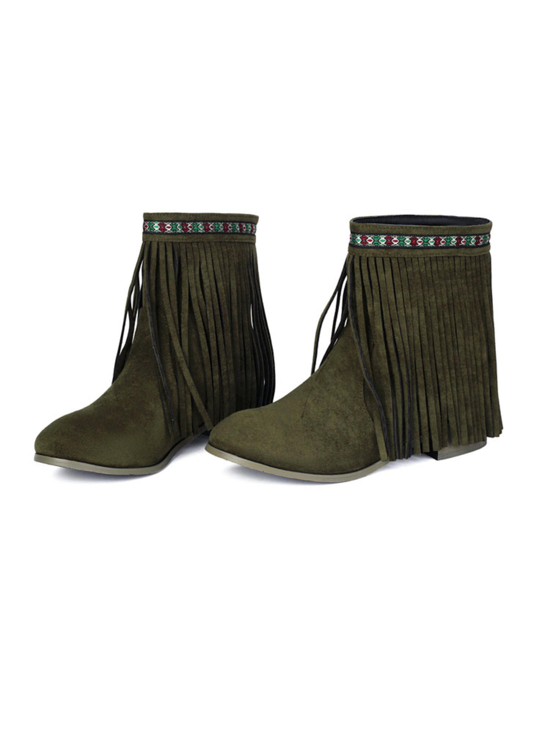 Olive Green Low Heel Fringe Western Ankle Boots for Women