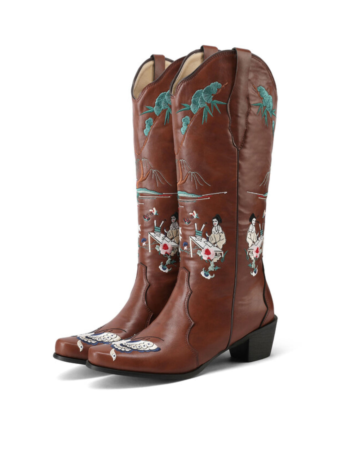 Oriental Charm & Butterfly Embroidered Brown Western Boots for Women