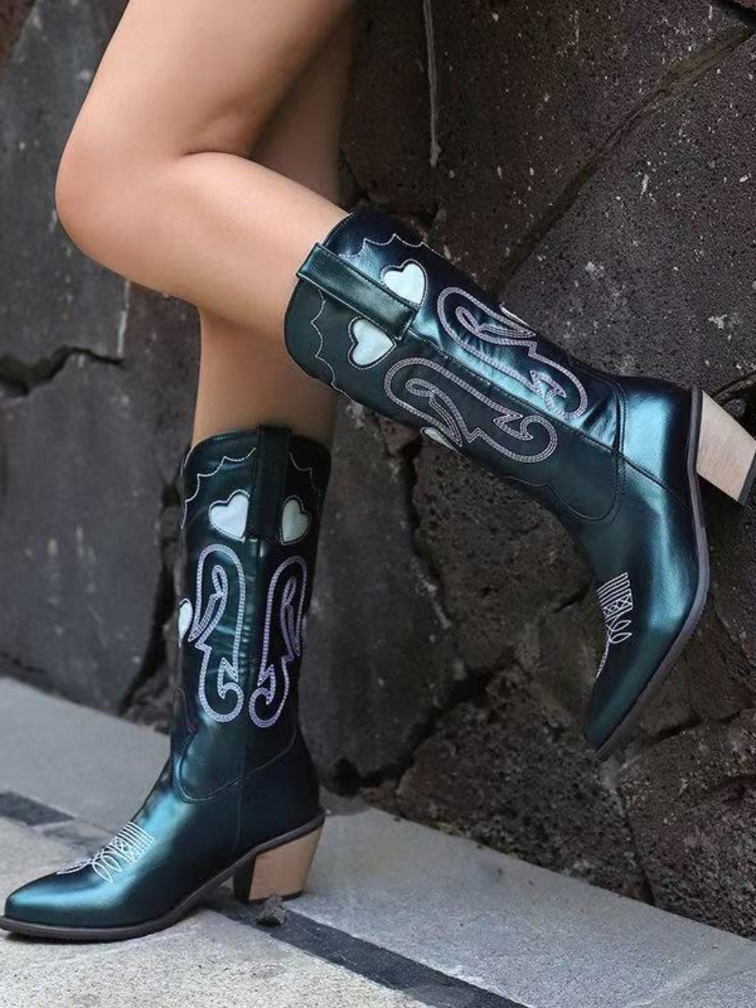 Playful Snip Toe Metallic Dark Green Cowgirl Boots