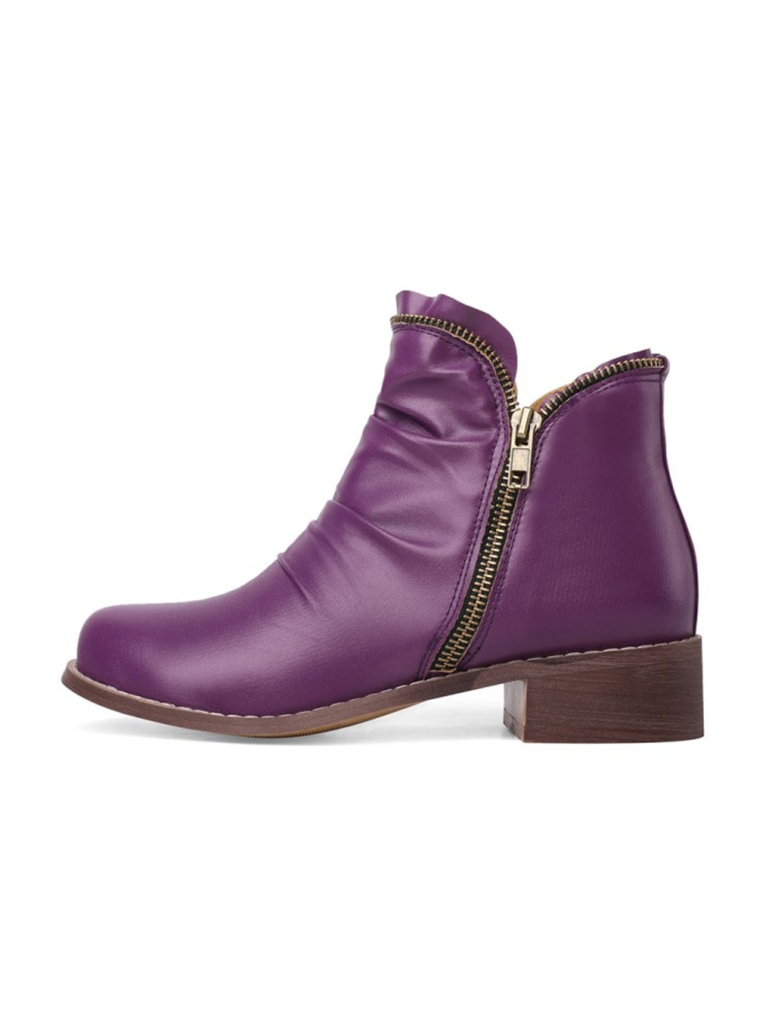Plum Shade Purple Wrinkled Double Zipper Flats Ankle Boots for Women