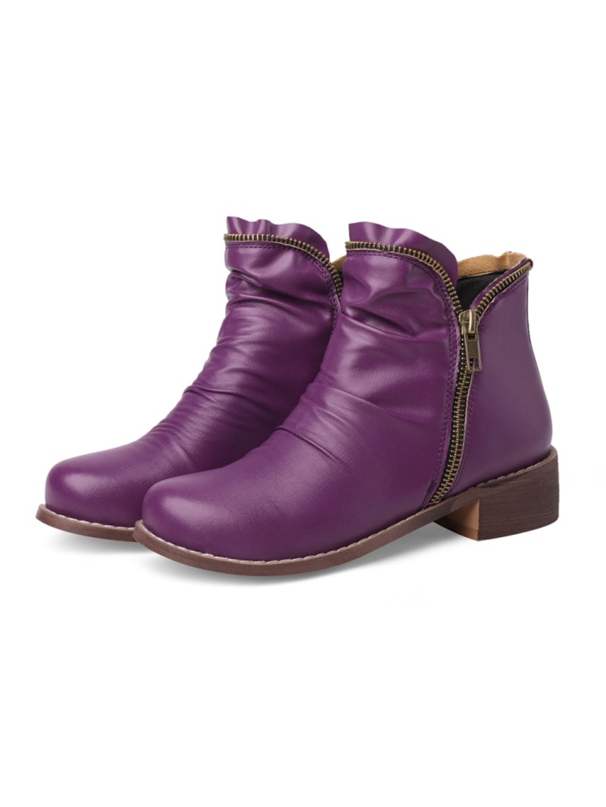 Plum Shade Purple Wrinkled Double Zipper Flats Ankle Boots for Women 7.5 / Purple