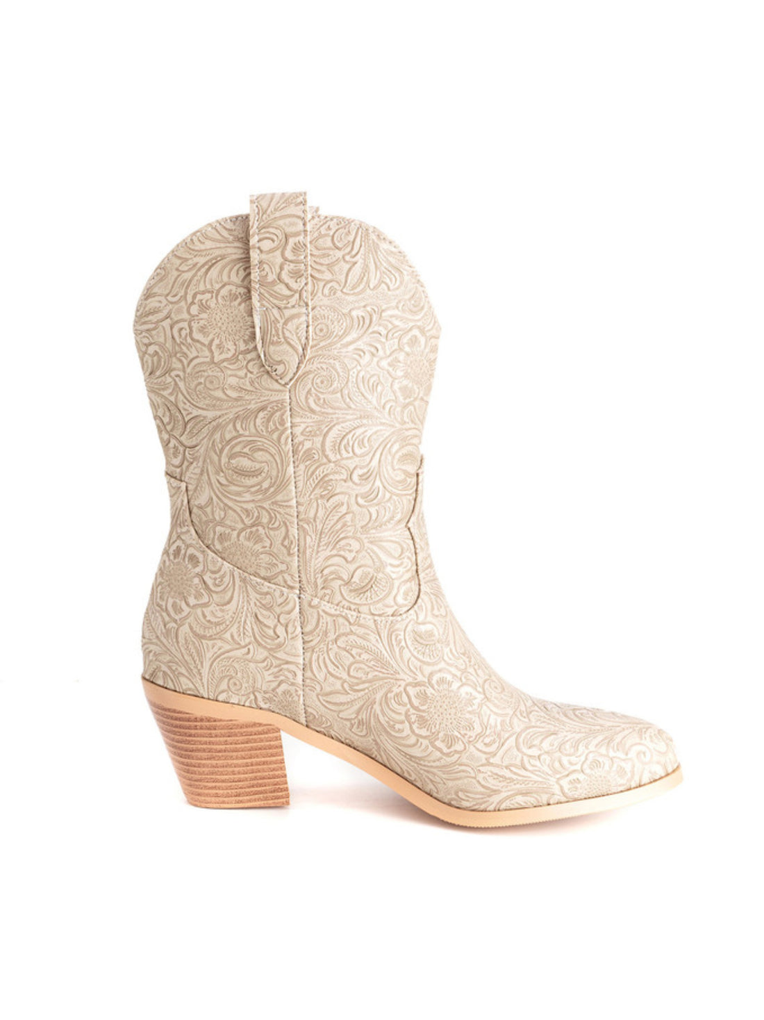 Plus Size Vintage Floral Embossed Beige Cowgirl Boots Mid Calf
