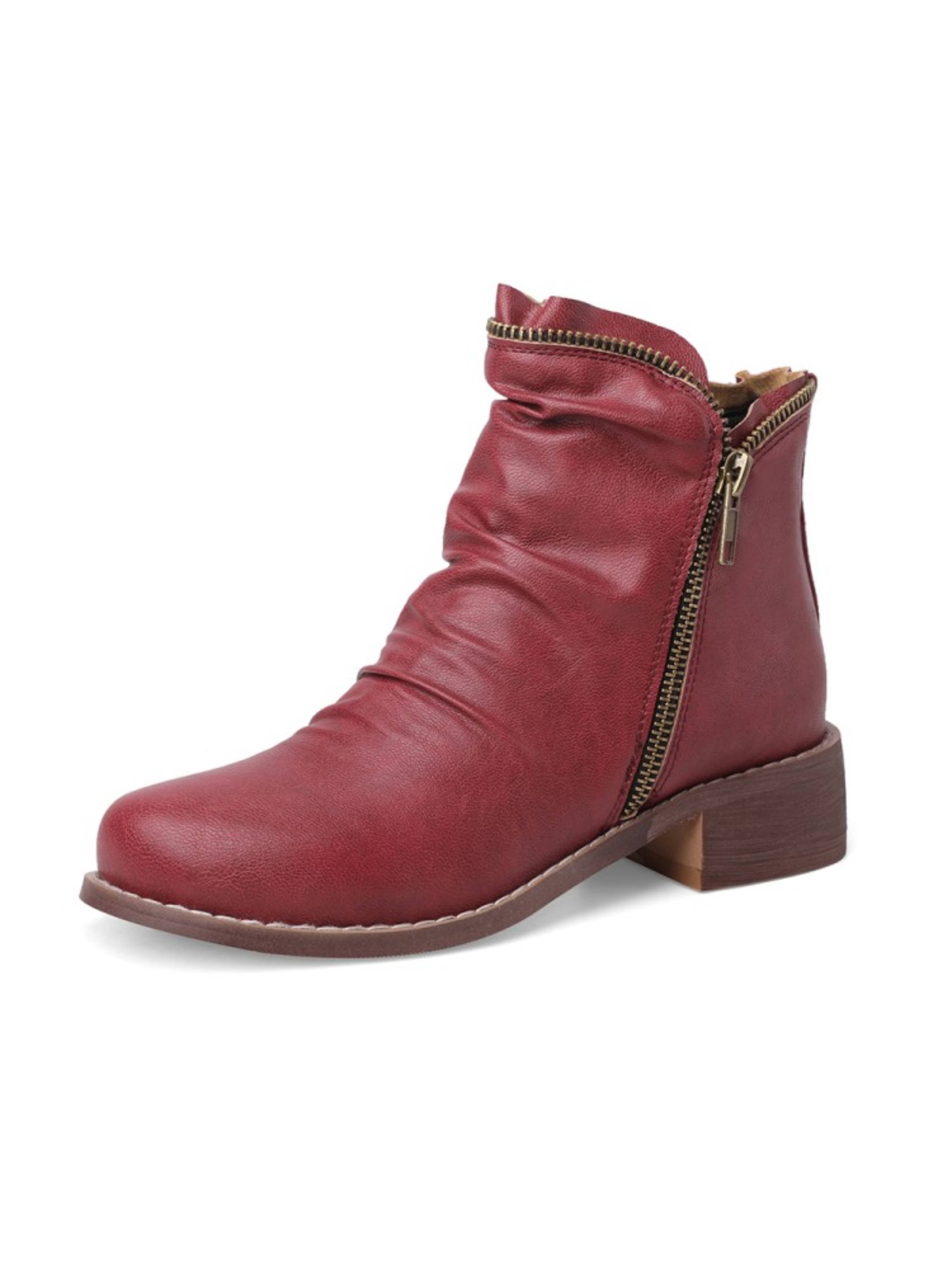 Women's Plus Size Wrinkled Burgundy Ankle Boots with Double Zipper ...