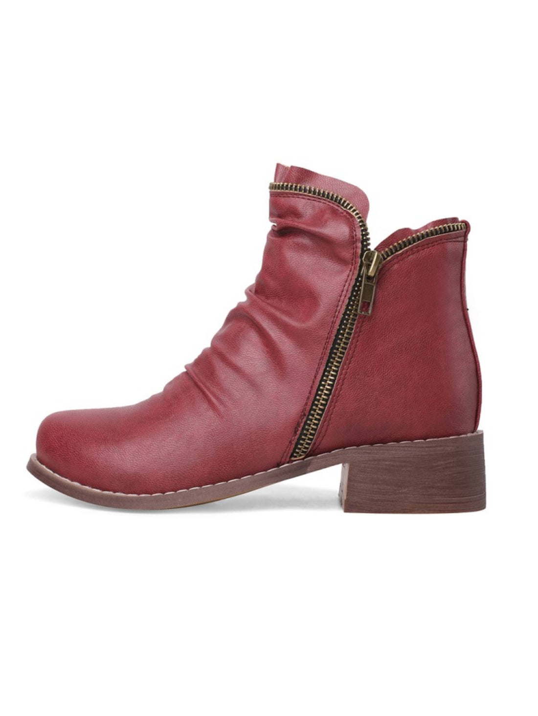 Women's Plus Size Wrinkled  Burgundy Ankle Boots with Double Zipper