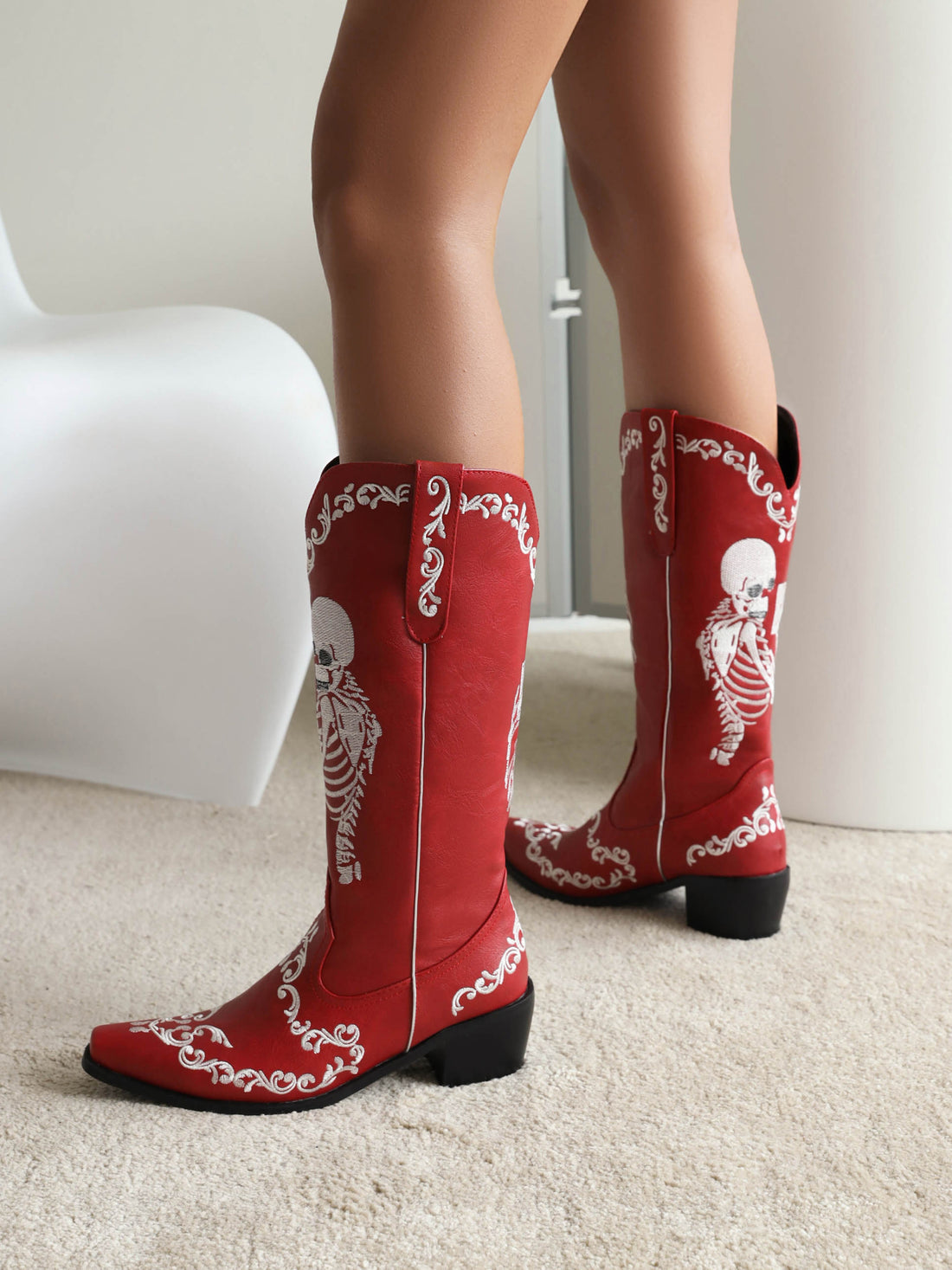 Red Skeleton Mid Calf Cowgirl Boots