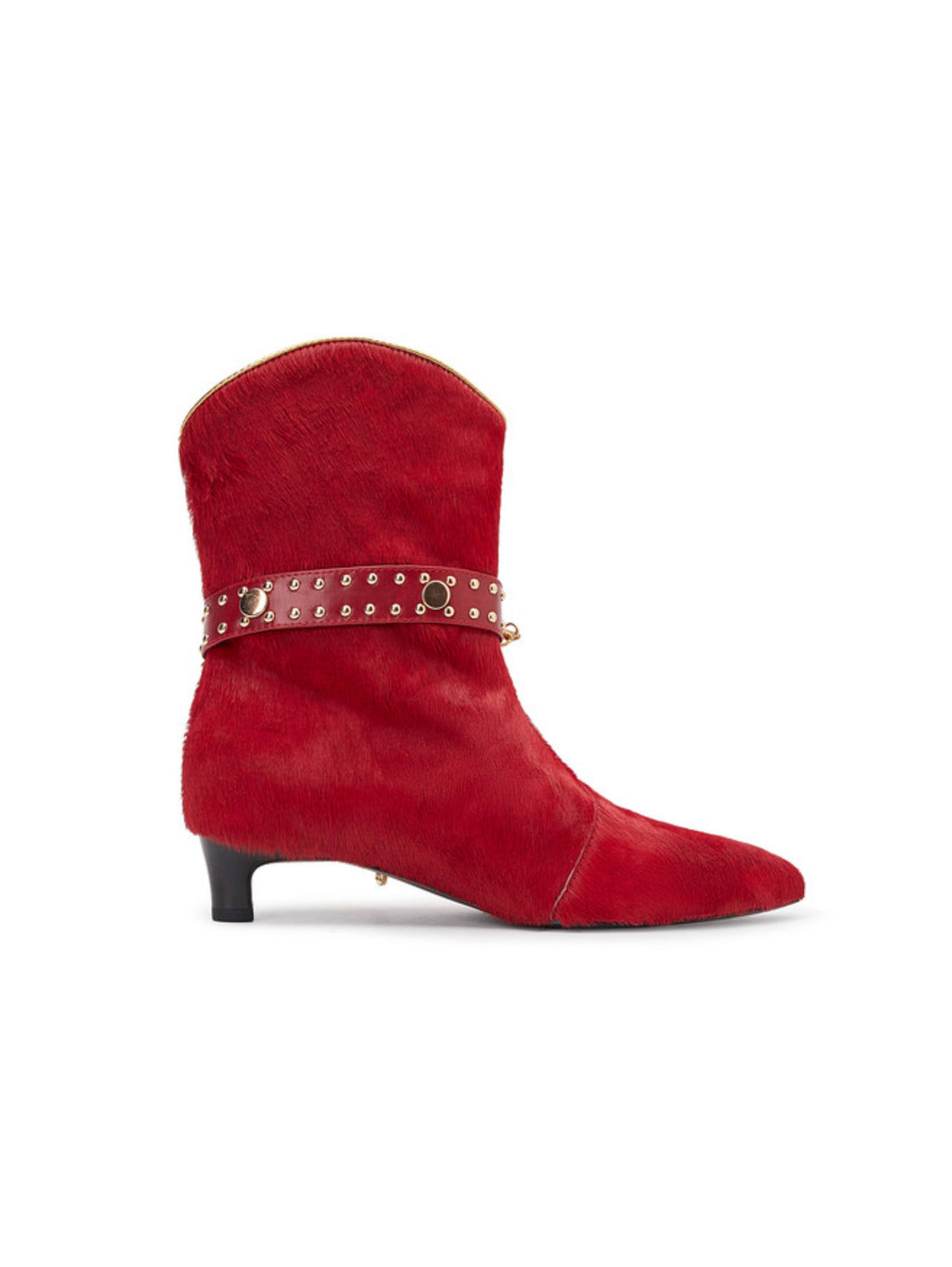 Red Cowgirl Calf Hair Cowhide Kitten Heel Boots Ankle Length