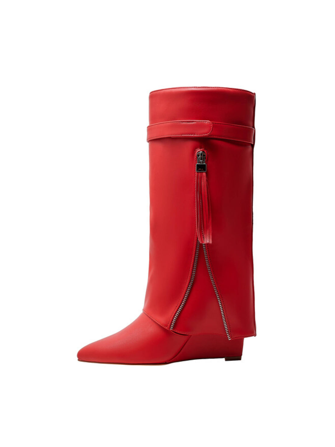 Red Fold Over Western Wedge High Heel Boots Ladies