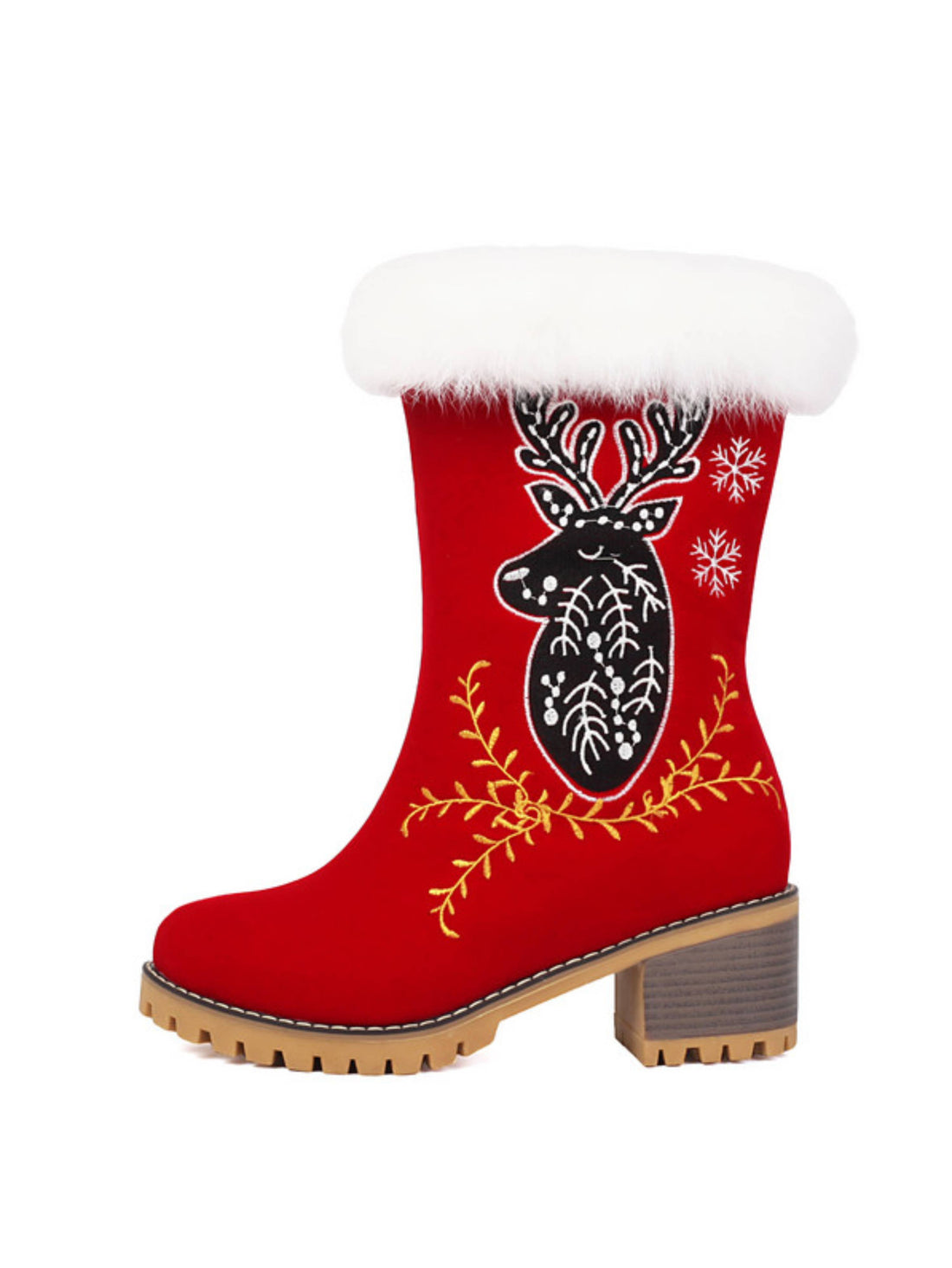 Red Reindeer Embroidered Mid-Calf Boots for Christmas Festival